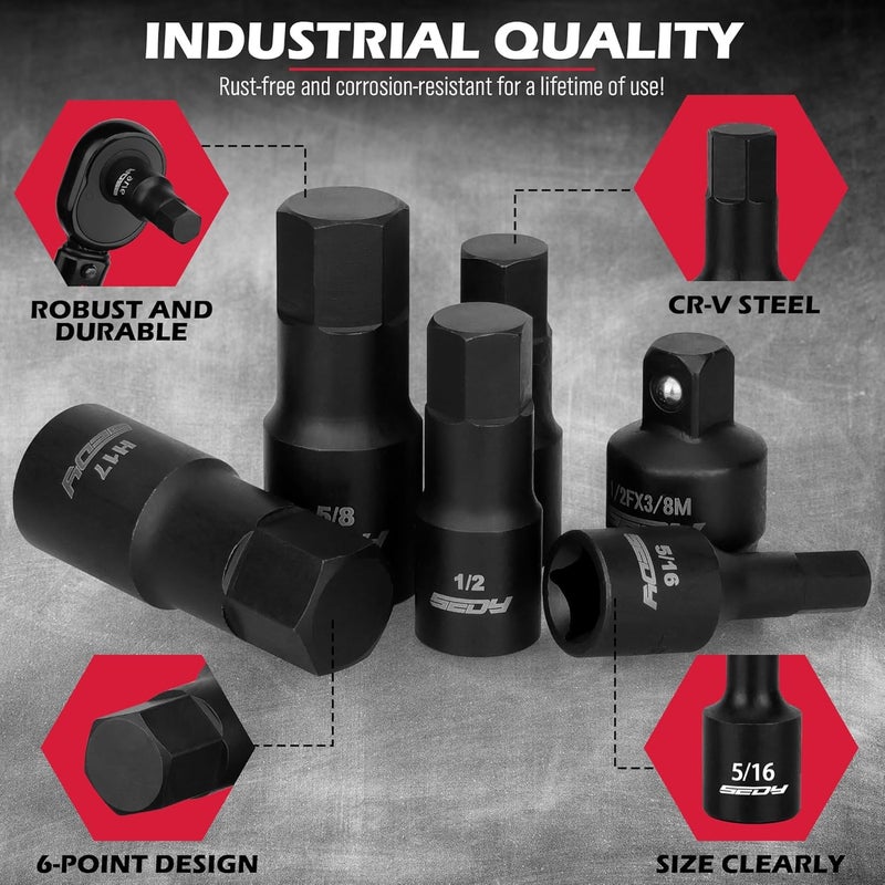 SEDY Hex Bit Impact Socket Set: 36-Piece with 4 Adapters, 1/4" 3/8" 1/2" Drive Master Allen Impact Socket Set, SAE and Metric, H5-H19 & 3/4"-5/64", Heavy Duty Storage Case, Automotive Mechanic - Image 5